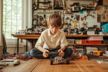 Teenage boy tests small wheeled robot in workshop filled with tools and electronic components