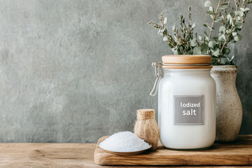 Clean white jar labeled iodized salt on rustic wooden table with decorative plant elements for a cozy kitchen atmosphere, with copy-space
