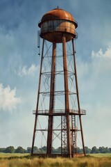 Rusty watertower against a clear blue sky in watercolor style