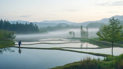 Farmer Walks Through Misty Rice Terraces and Mountains