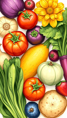 spring vegetables and fruits, hand-drawn digital illustration, with white tones