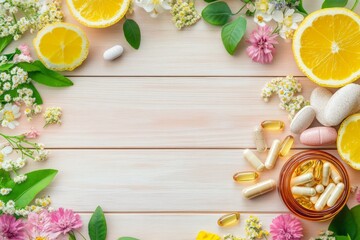 Curated collection of health and beauty supplements on rustic wooden table with copy-space with floral decorations and citrus slices