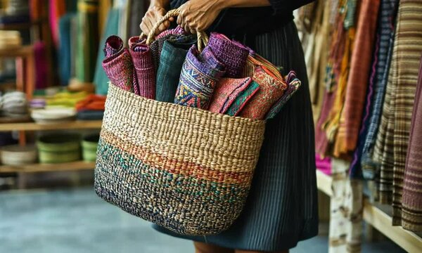 Woman carrying a woven basket filled with colorful rolled textiles