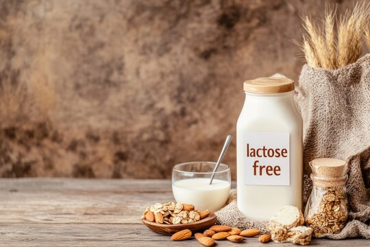 Minimalist lactose-free milk carton surrounded by gluten-free granola and fresh almonds on rustic wooden table with copy-space