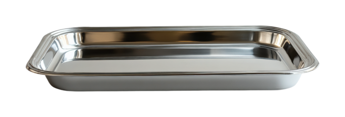 Shiny empty silver tray displayed on table in bright room high fidelity product concept isolated on transparent background png