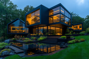 Fototapeta premium A minimalist modern house with large glass windows, clean lines, and an open-concept design seamlessly integrating indoor and outdoor spaces,