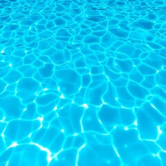 Vibrant turquoise water, Rippling pool surface, Sunlight reflections, Crystal clear aqua, Underwater caustics, Swimming pool texture, Refreshing summer scene, High contrast ripples, Bright blue tones