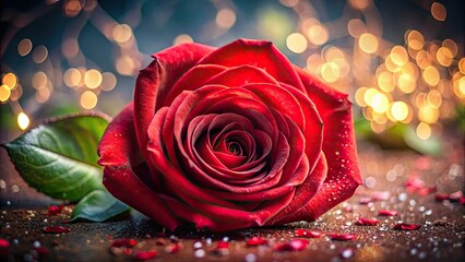 Valentine's Day: A crimson rose blooms, close-up, shallow depth of field, macro detail revealed.