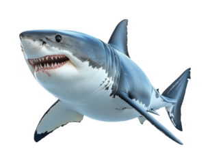 Dynamic great white shark display on high fidelity oceanic environment close-up view marine concept isolated on transparent background png