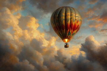 Fototapeta premium Colorful hot air balloon soaring through a picturesque sky at sunrise