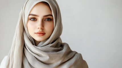 A young woman wearing a beige hijab looks directly at the camera