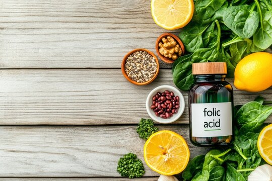 Bright and nourishing arrangement featuring folic acid bottle with fresh vegetables, nuts, and citrus fruits on rustic wooden surface with copy-space