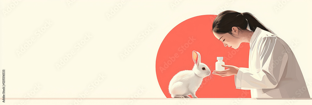 Poster an elegant illustration of a veterinary technician administering medication to a rabbit, highlightin