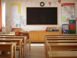 Empty Classroom with Desks and a Blackboard waiting for the kids to come for school