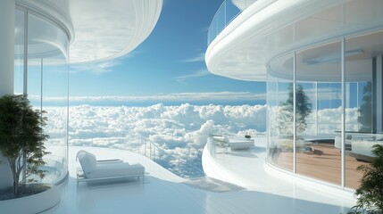 Fototapeta premium Modern architecture meets breathtaking skies in a stunning floating living space. Generative AI