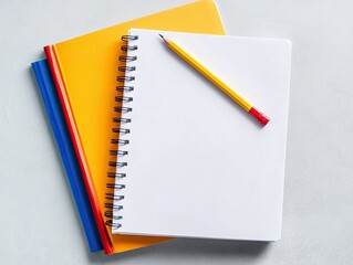 Elegant flat lay composition of two blank spiral-bound notebooks with a pencil on a minimalist grey background, showcasing the beauty and simplicity of stationery for note-taking or sketching