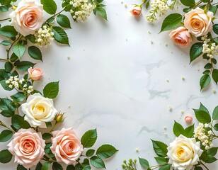 A top-down view of a floral arrangement with delicate peach and white roses, lush green leaves, and tiny white flowers creating a beautiful frame on a white marble background.