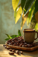 Fototapeta premium Steaming Cocoa Mug with Cocoa Beans and Eco-Friendly Pouch