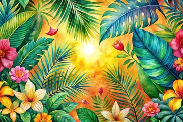 Vibrant watercolor sun, lush leaves, and blooming flowers create a tropical summer paradise.
