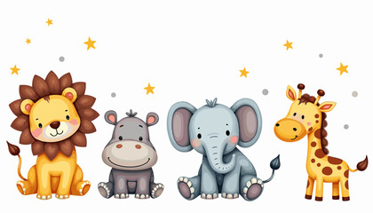 Naklejka premium Watercolor safari animals, Cute animal clipart Bundle, Lion, Elephant, Hippo, Giraffe, Baby Shower, Digital Download, Baby Nursery Art