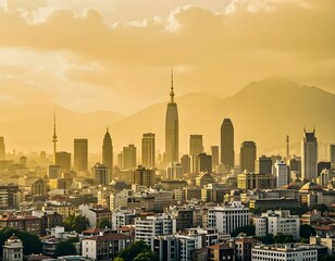 Naklejka premium Cityscape at Sunset with Mountain Background