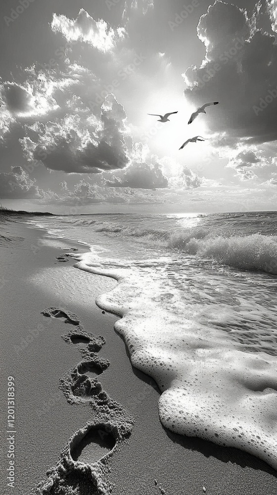 Wall mural Waves crashing on a sandy beach under a dramatic sky filled with clouds and seagulls at sunset