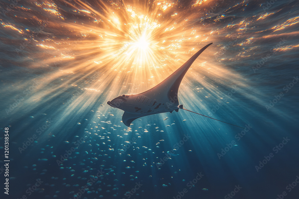 Poster a serene underwater scene with a graceful manta ray gliding through the open ocean, surrounded by sc