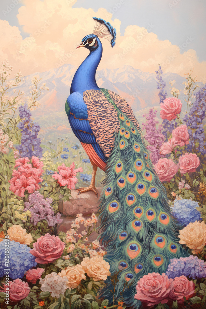 Poster a vibrant depiction of a peacock displaying its colorful plumage in a lush garden setting,