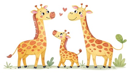 Fototapeta premium Adorable giraffe family illustration, full of charm and love, isolated on a clean white background