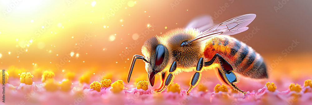 Poster an artistic close-up of a bee collecting nectar from a bright sunflower, highlighting its intricate 