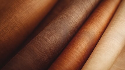 Rolled fabric samples in various brown shades.