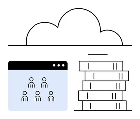 Cloud icon, data stacks, user interface with team avatars. Ideal for tech, data storage, cloud solutions, collaboration tools, digital management, online communication abstract line flat metaphor