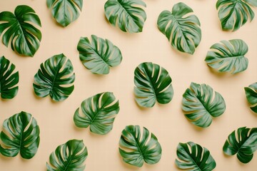 Obraz premium Decorative green leaves arranged on a light background creating a vibrant, tropical aesthetic for interior design. Generative AI