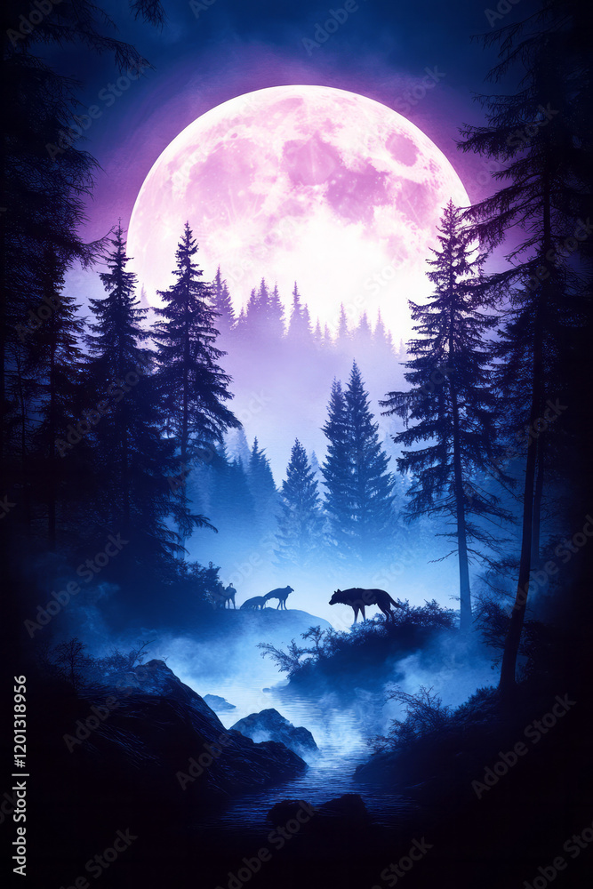 Poster An artistic representation of a wolf pack navigating through a dense forest under the light of a full moon,