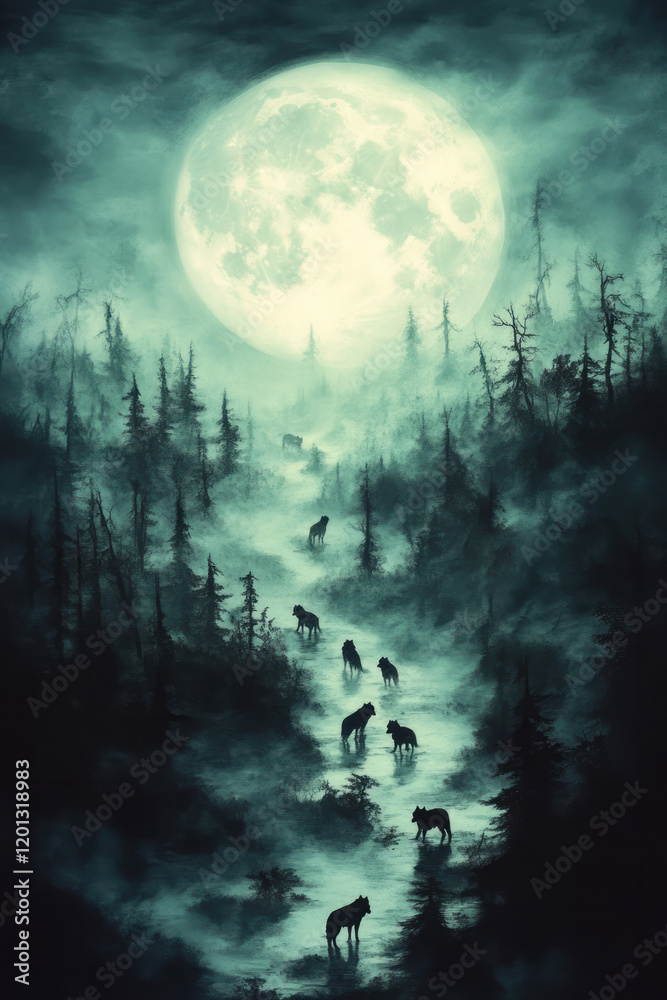 Poster an artistic representation of a wolf pack navigating through a dense forest under the light of a ful