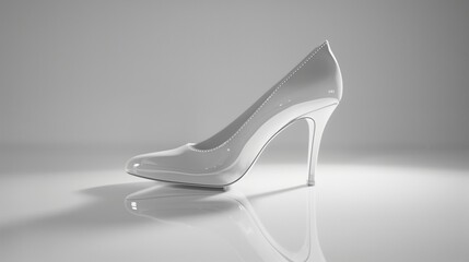 A single high-heeled shoe with delicate stitching and a glossy finish, placed against a pristine white backdrop, bathed in soft light