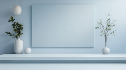 Minimalist Blue Room Decor With Plants And Empty Frame