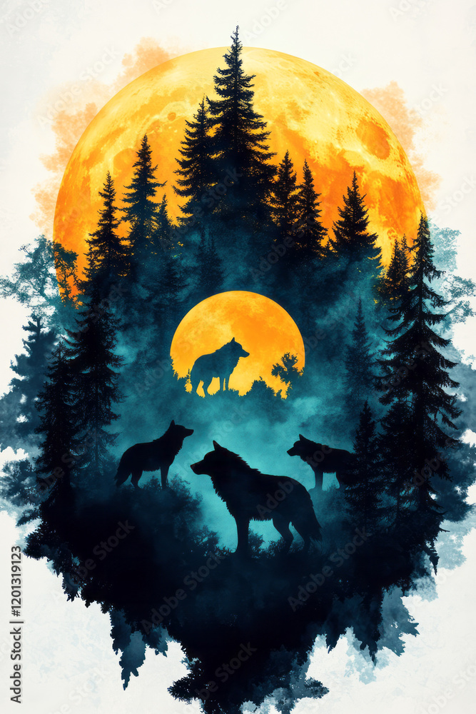 Poster an artistic representation of a wolf pack navigating through a dense forest under the light of a ful