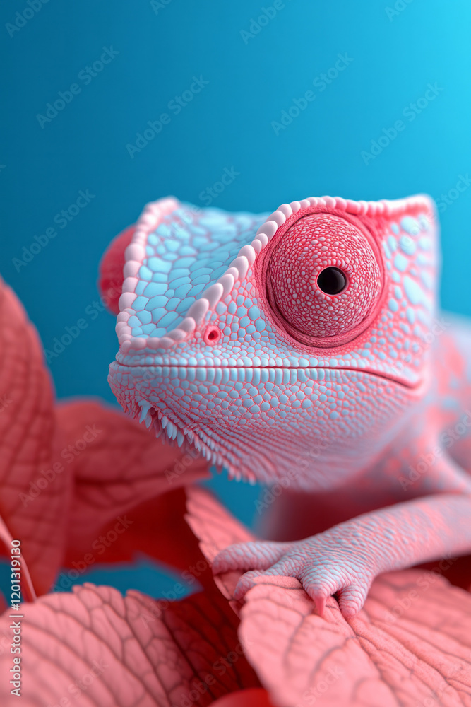 Poster A detailed close-up of a chameleon changing its color on a leafy branch, showcasing its unique adaptive abilities,