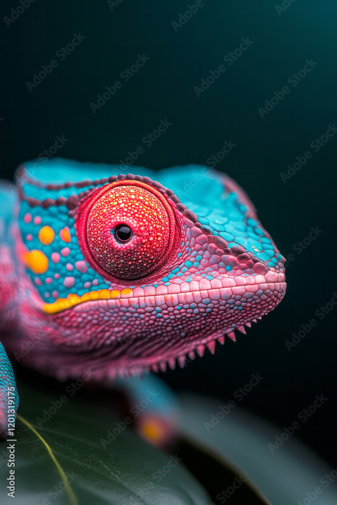 Poster a detailed close-up of a chameleon changing its color on a leafy branch, showcasing its unique adapt