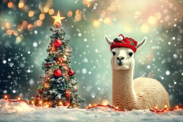 Festive llama with red beanie beside decorated christmas tree in snowy wonderland