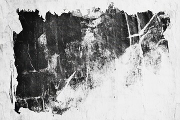 Torn black poster on a white wall.