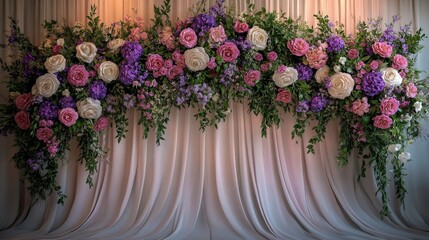 Fototapeta premium Beautiful Floral Backdrop with Various Roses and Purple Blooms for Themed Events, Weddings, and Photography Sessions