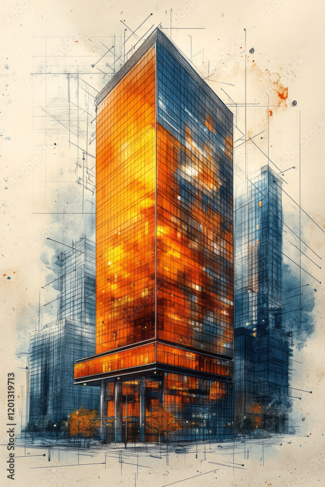 Poster a detailed architectural sketch of a modern skyscraper, showcasing innovative design elements and st