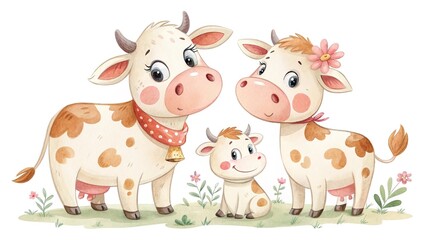 A sweet dairy cow family, radiating warmth and affection, beautifully illustrated on a white background