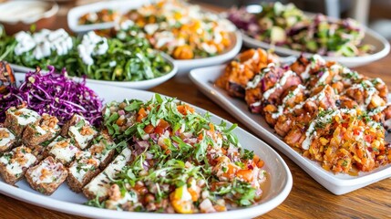 A variety of colorful dishes arranged on platters for sharing.