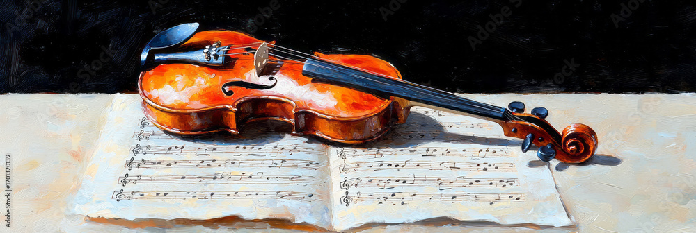Poster an artistic close-up of a classical violin resting on sheet music, highlighting the intricate detail