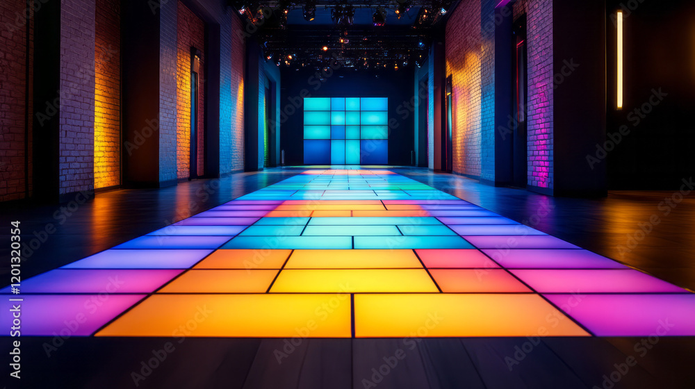 Poster A dynamic dance floor illuminated by colorful LED lights and vibrant patterns, capturing the lively atmosphere of a contemporary dance club,
