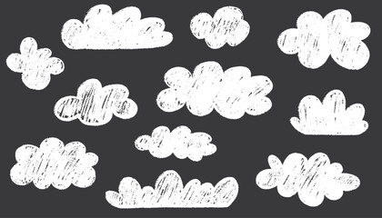 Fototapeta premium Crayon drawn cute clouds in kid's style. Pencil drawings childish icons isolated on white. Hand drawn various Crayon scribbled texture. Cloud shapes. Naive style childish vector elements.