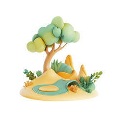 landscape featuring stylized tree, hills, and pond, evoking sense of tranquility